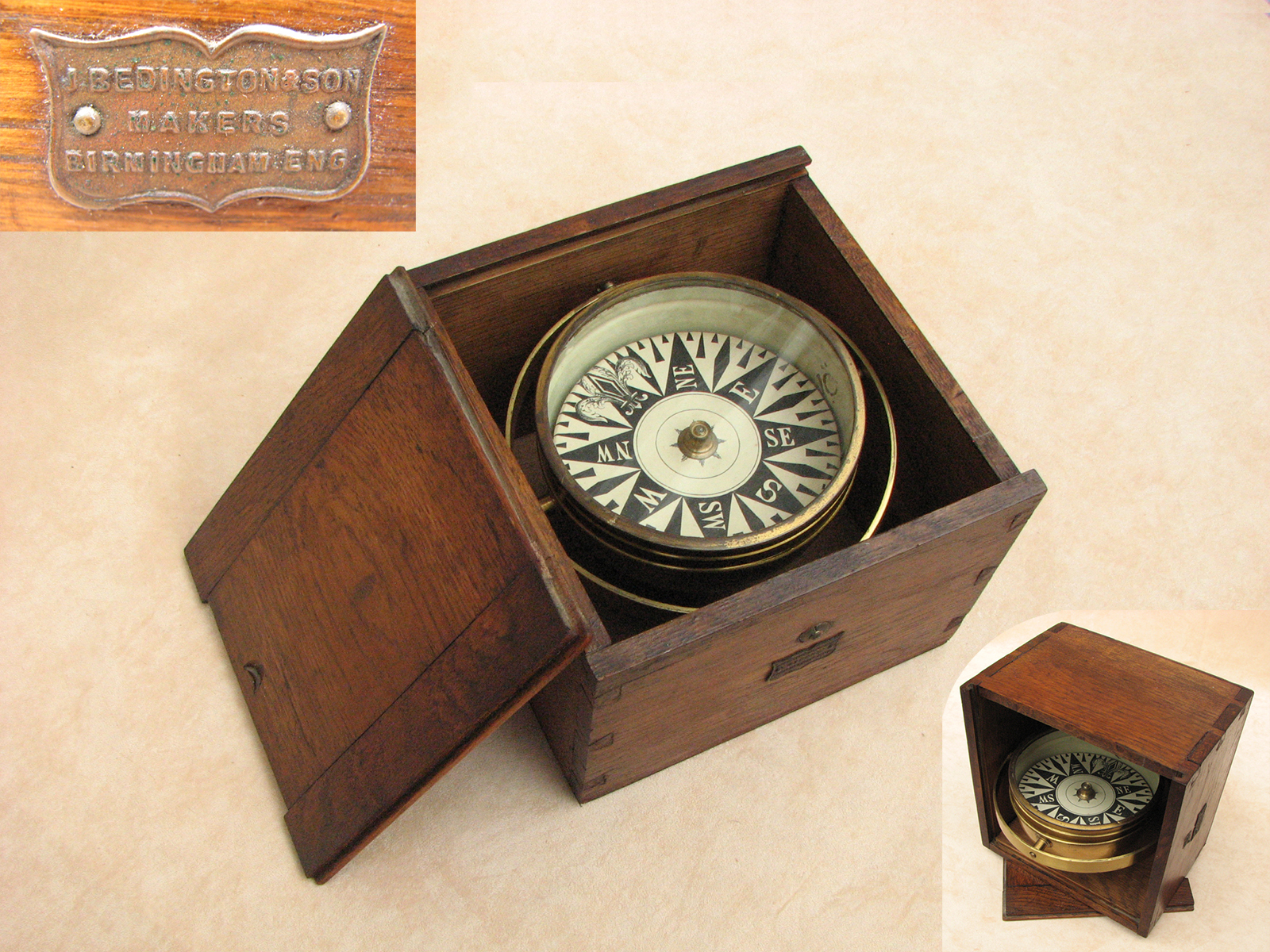 Mid 19th Century Mariners gimballed compass signed J Bedington